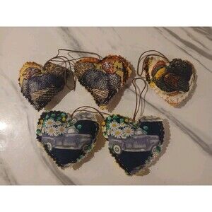 Christmas Ornament  Primitive Handmade Gift Country Cottage Heart- Set of 5